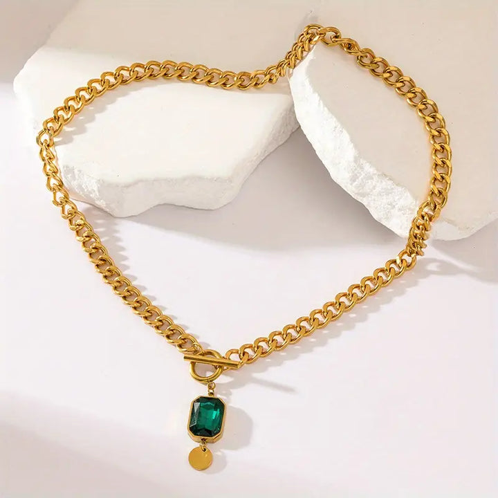 Emerald Thick Chain Pendant Necklace | Gold