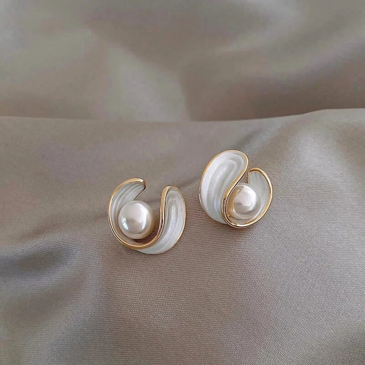 White Enamel and Gold Bead Earrings
