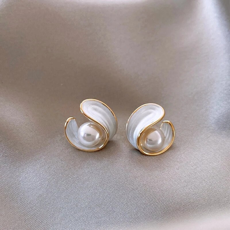 White Enamel and Gold Bead Earrings