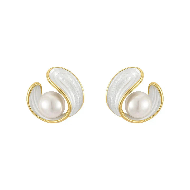 White Enamel and Gold Bead Earrings