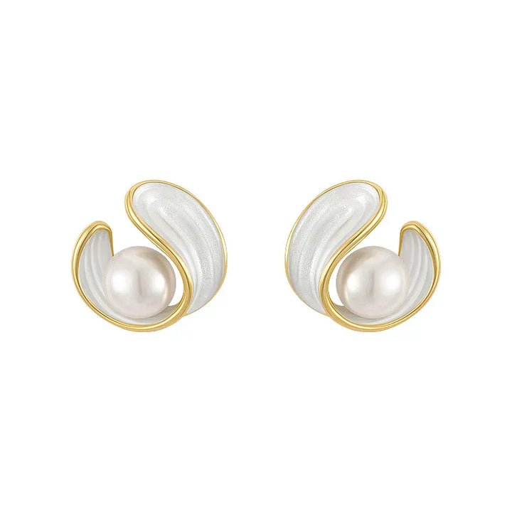 White Enamel and Gold Bead Earrings
