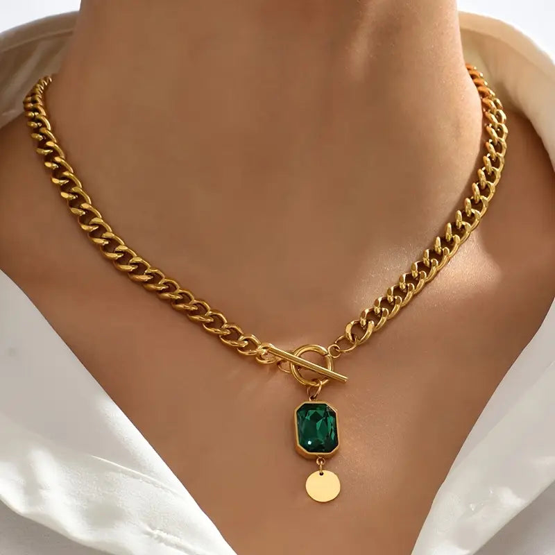 Emerald Thick Chain Pendant Necklace | Gold