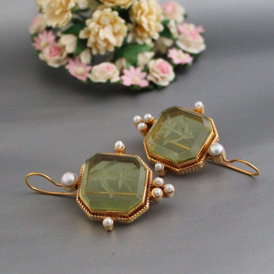 Elegant Green & Pearl Vintage Earrings