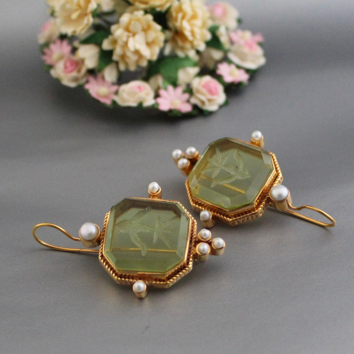 Elegant Green & Pearl Vintage Earrings