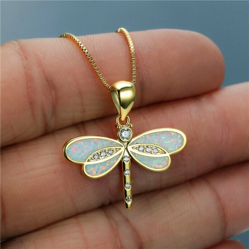 Dragonfly Gold Necklace with Opal