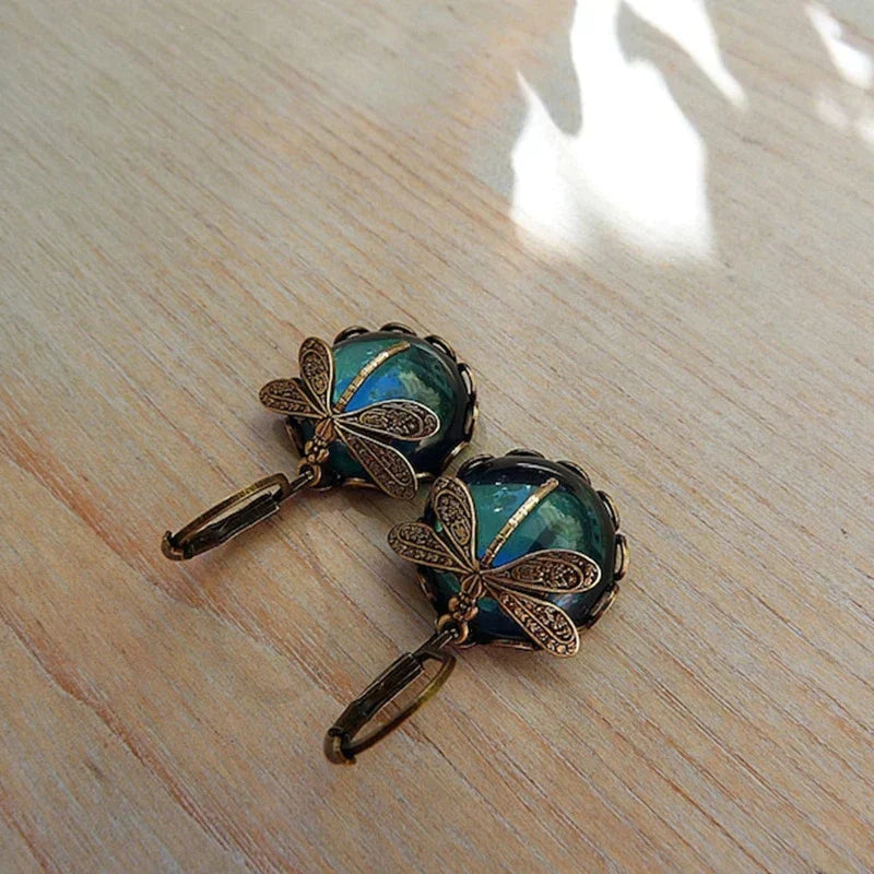 Antique Gold Spherical Dragonfly Earrings