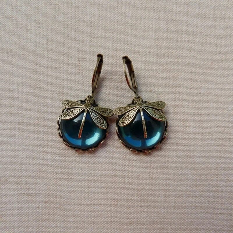 Vintage Blue Crystal Earrings in Antique Gold