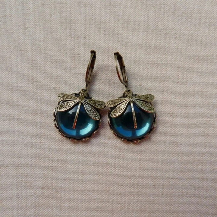 Vintage Blue Crystal Earrings in Antique Gold