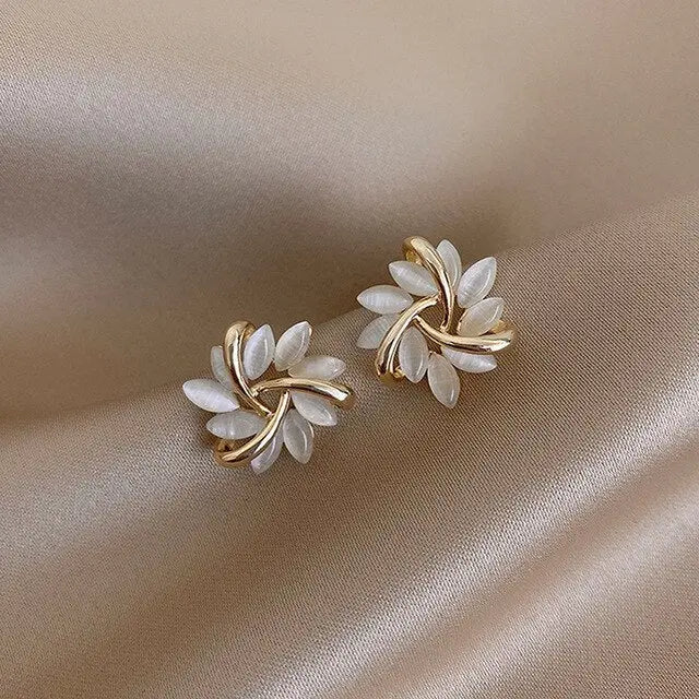 Gold Earrings with White Opal