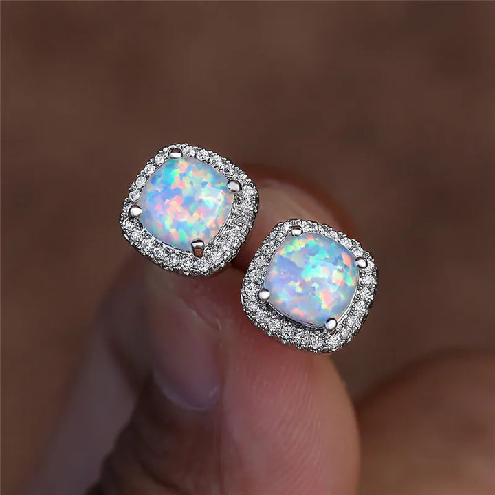 Elegant white opal and silver earrings, round studs