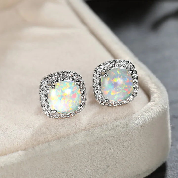 Elegant white opal and silver earrings, round studs
