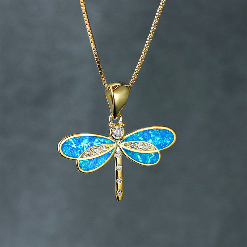 Dragonfly Gold Necklace with Opal