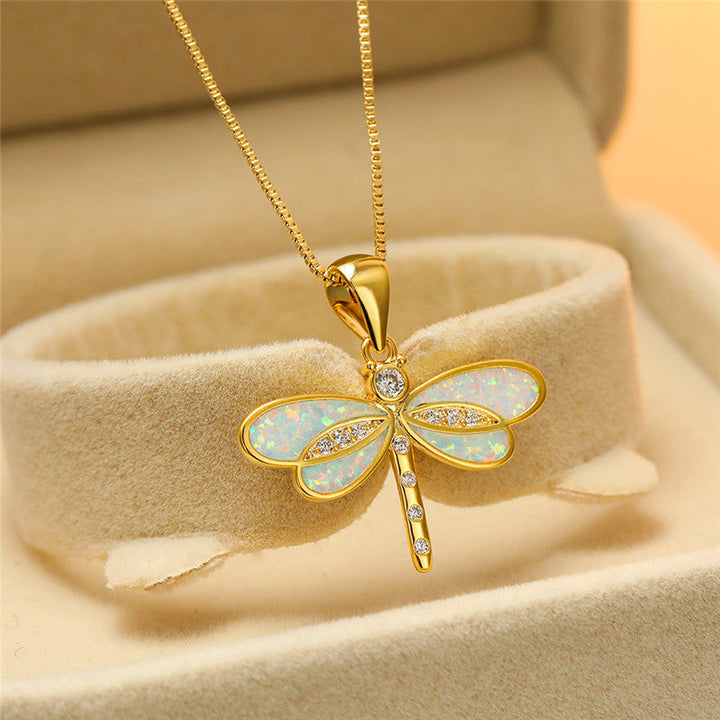 Dragonfly Gold Necklace with Opal