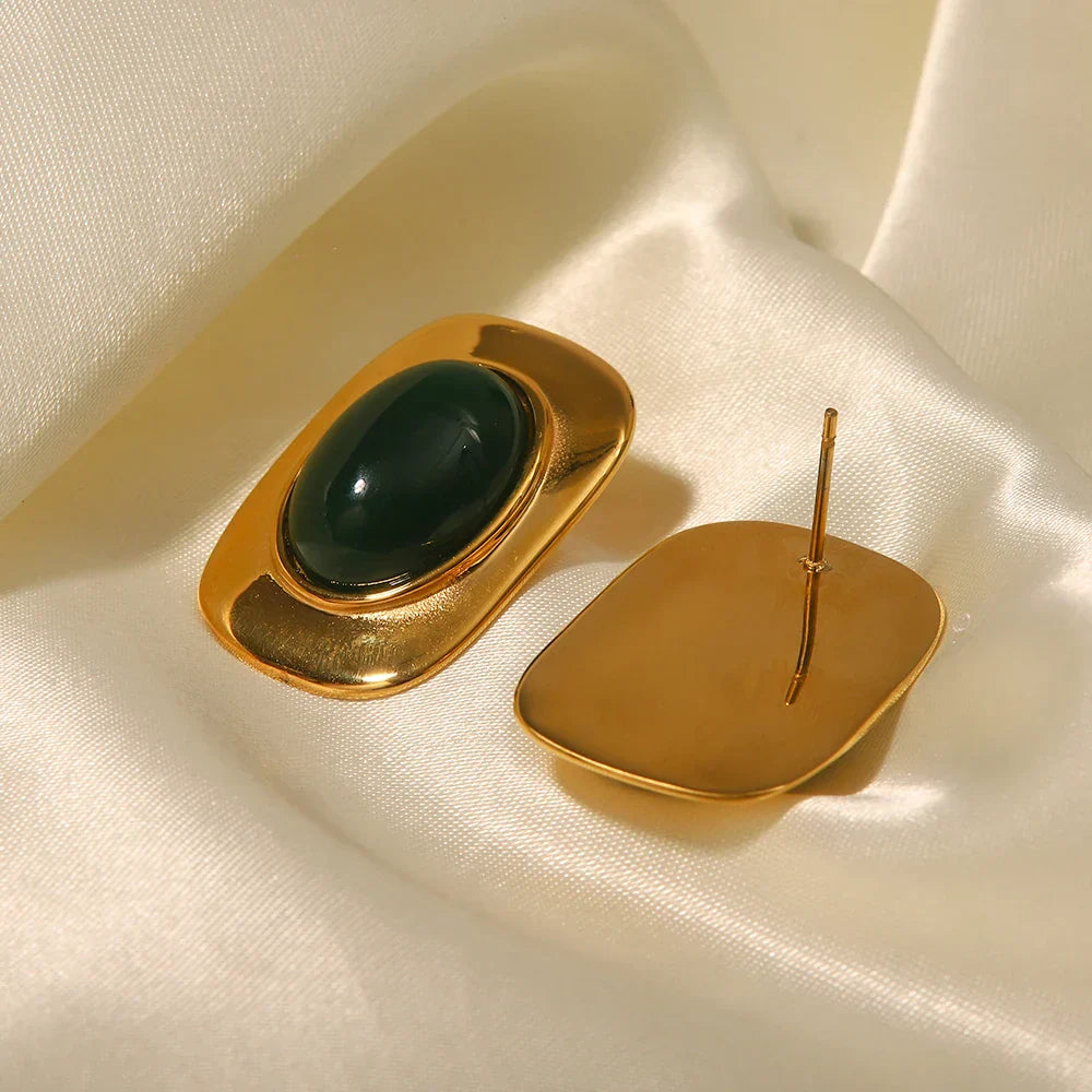 Vintage Green Opal 18K Gold Plated Oval Earrings