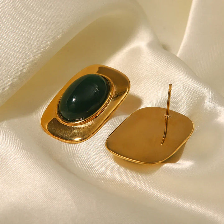 Vintage Green Opal 18K Gold Plated Oval Earrings