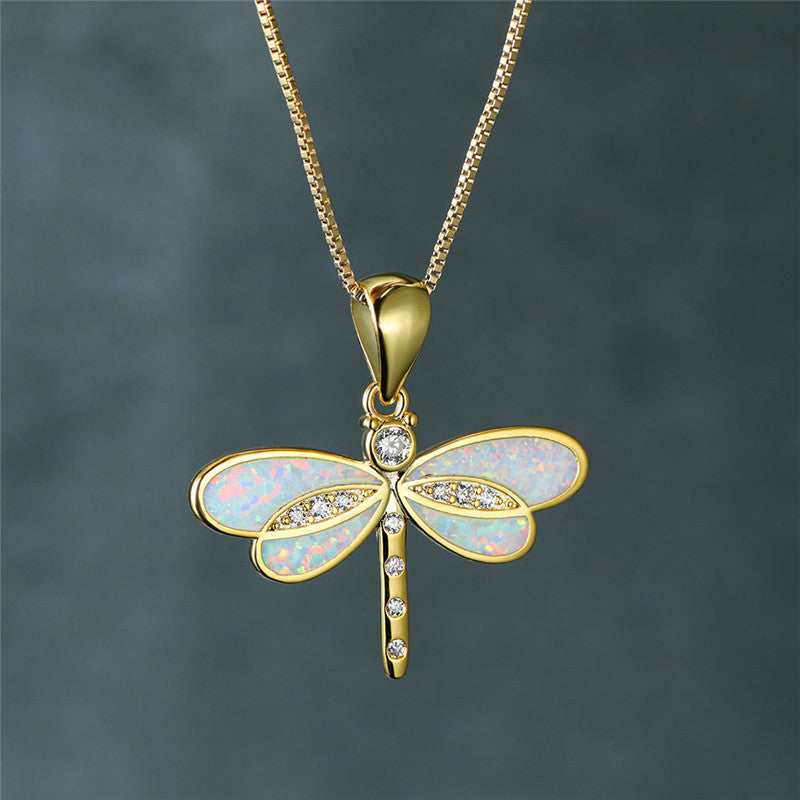 Dragonfly Gold Necklace with Opal