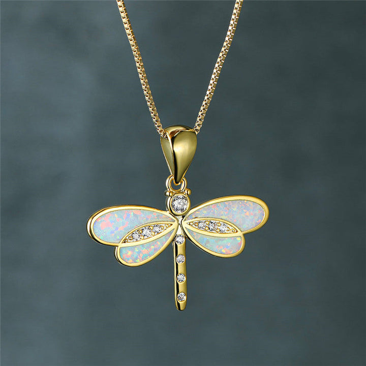 Dragonfly Gold Necklace with Opal