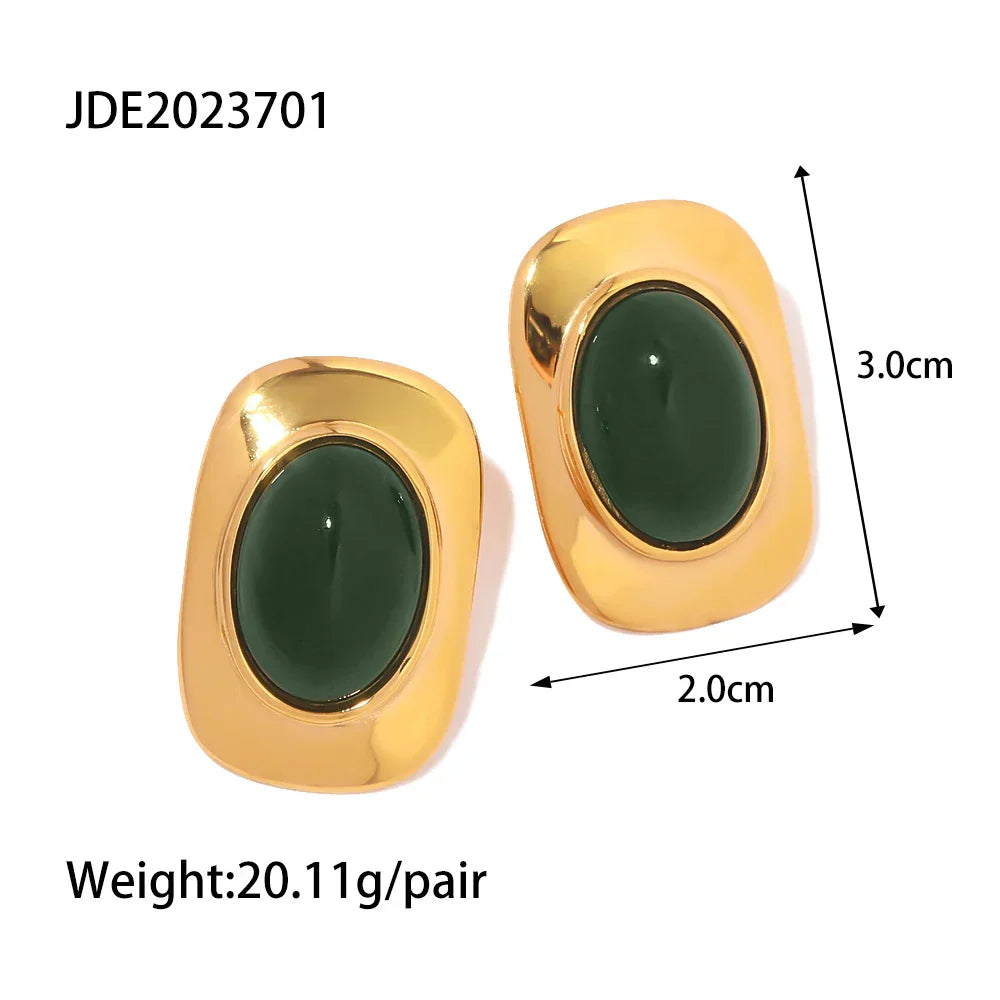 Vintage Green Opal 18K Gold Plated Oval Earrings