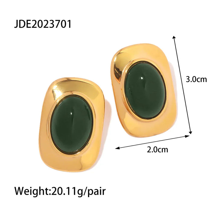 Vintage Green Opal 18K Gold Plated Oval Earrings