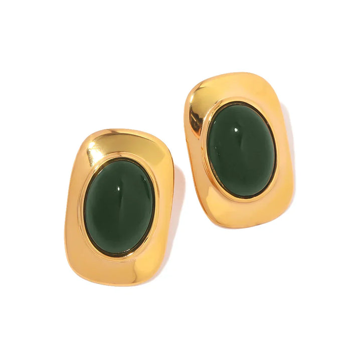 Vintage Green Opal 18K Gold Plated Oval Earrings