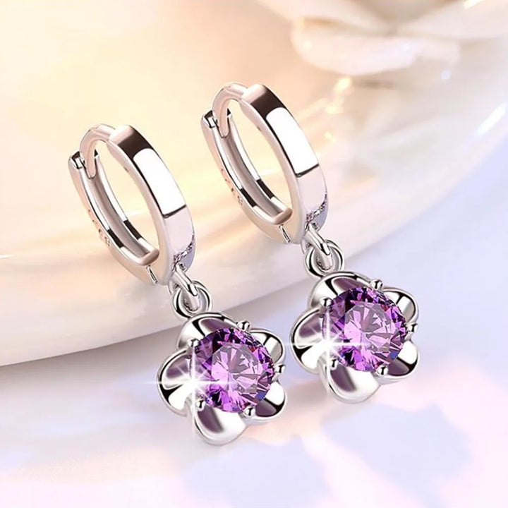 Sterling Silver Earrings Adorned with White and Purple Zircon