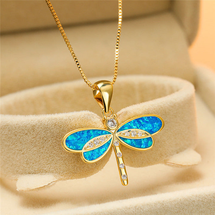 Dragonfly Gold Necklace with Opal