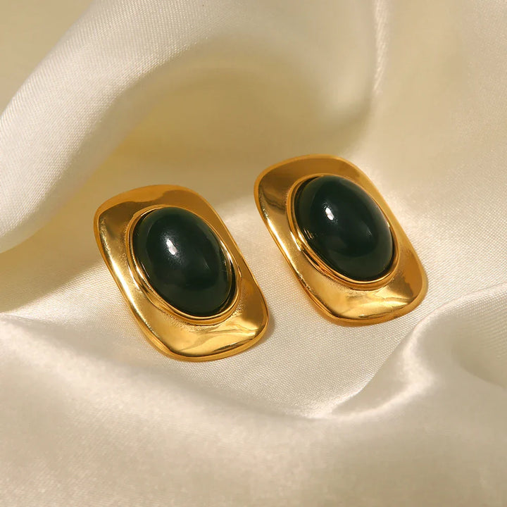 Vintage Green Opal 18K Gold Plated Oval Earrings