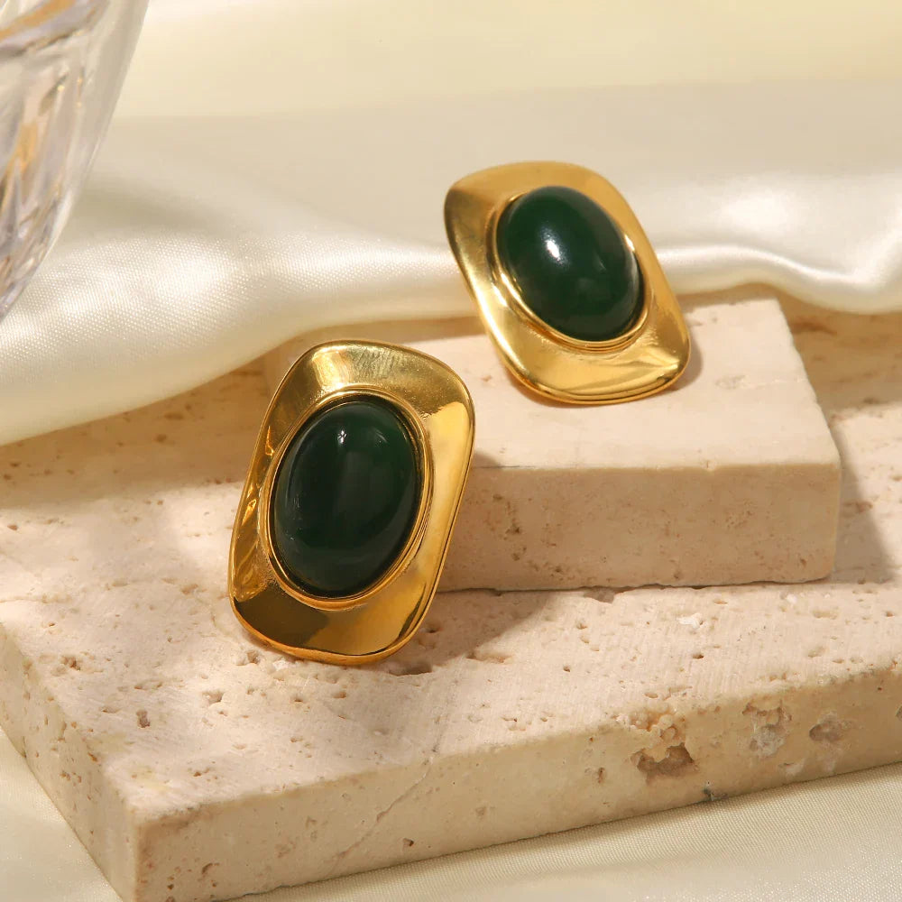 Vintage Green Opal 18K Gold Plated Oval Earrings
