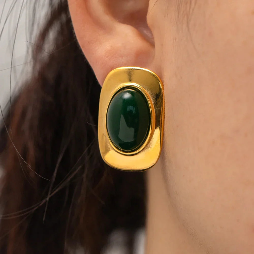 Vintage Green Opal 18K Gold Plated Oval Earrings