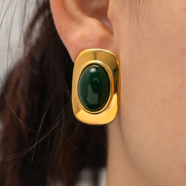 Vintage Green Opal 18K Gold Plated Oval Earrings