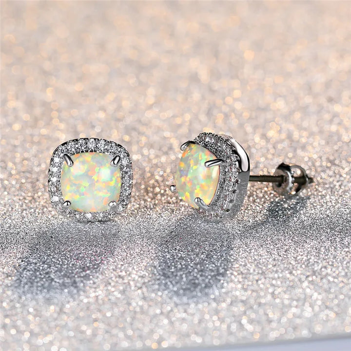 Elegant white opal and silver earrings, round studs