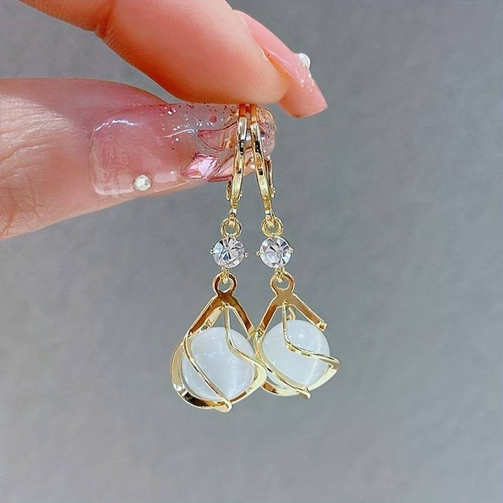 Vintage Gold Earrings with White Opal Dangles