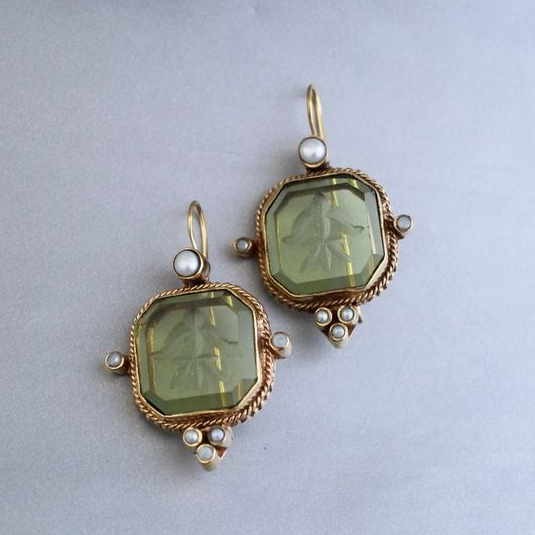 Elegant Green & Pearl Vintage Earrings