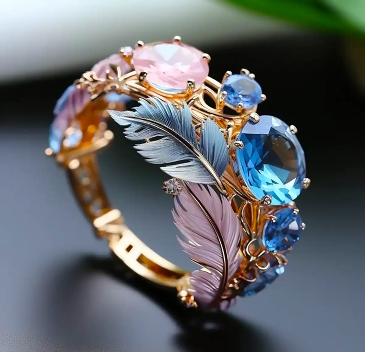 Vintage Exotic Feather Ring with Crystal