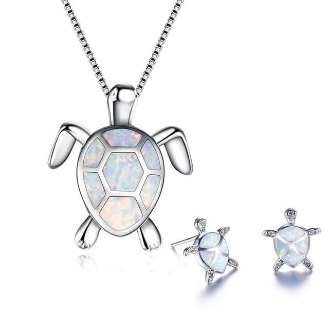 Sea Turtle Opal and Silver Necklace and Earrings