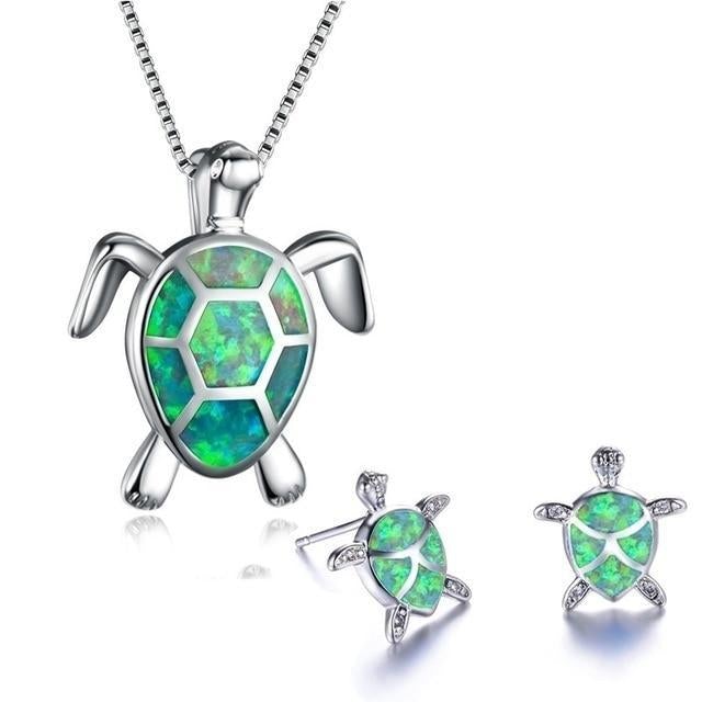 Sea Turtle Opal and Silver Necklace and Earrings
