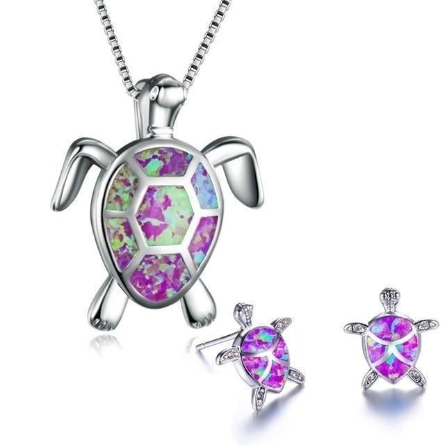 Sea Turtle Opal and Silver Necklace and Earrings